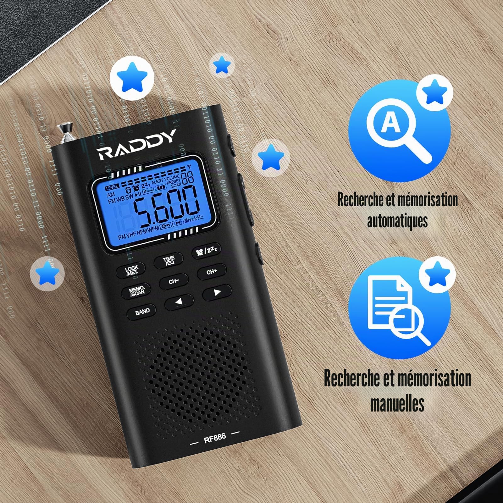 Raddy RF886 Radio Portable à Ondes Courtes Petite Radio AM/FM/SW/UKW Radio Numérique, Radio alimentée par Batterie et Haut-Parleur BT, Antenne Externe 3M