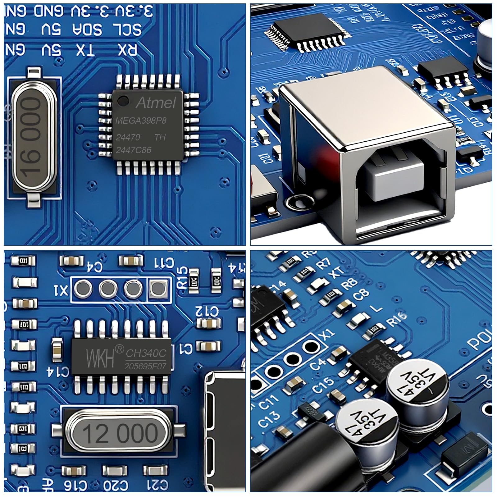 UNO R3 Carte ATmega328P avec câble USB (compatible Arduino) pour Arduino, tension d'entrée 7-12 V, 16 MHz, 14 broches numériques 1/0 prise en charge PWM, SRAW 2KB, compatible avec RPi 4B/3B+/3B/2B/B+
