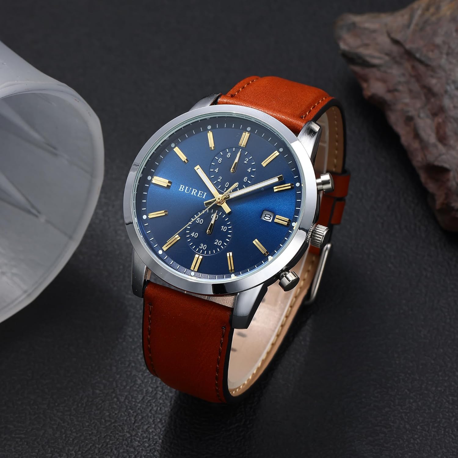 BUREI Men's Leather Watches Chronograph Quartz Watches for Men Classic Fashion Wristwatch Relojes para Hombres,Gift for Men(Brown Black)
