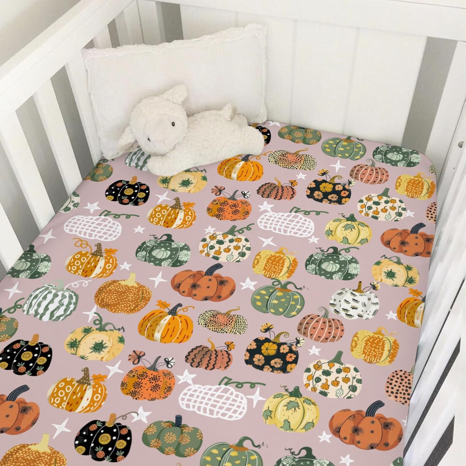 Vintage Fall Pumpkins Floral Baby Crib Sheet 52''x28'' Autumn Harvest Stretchy Fitted Crib Mattress Cover for Boy Girl Thanksgiving Soft Baby Bed Sheet for Standard Crib and Toddler Mattresses