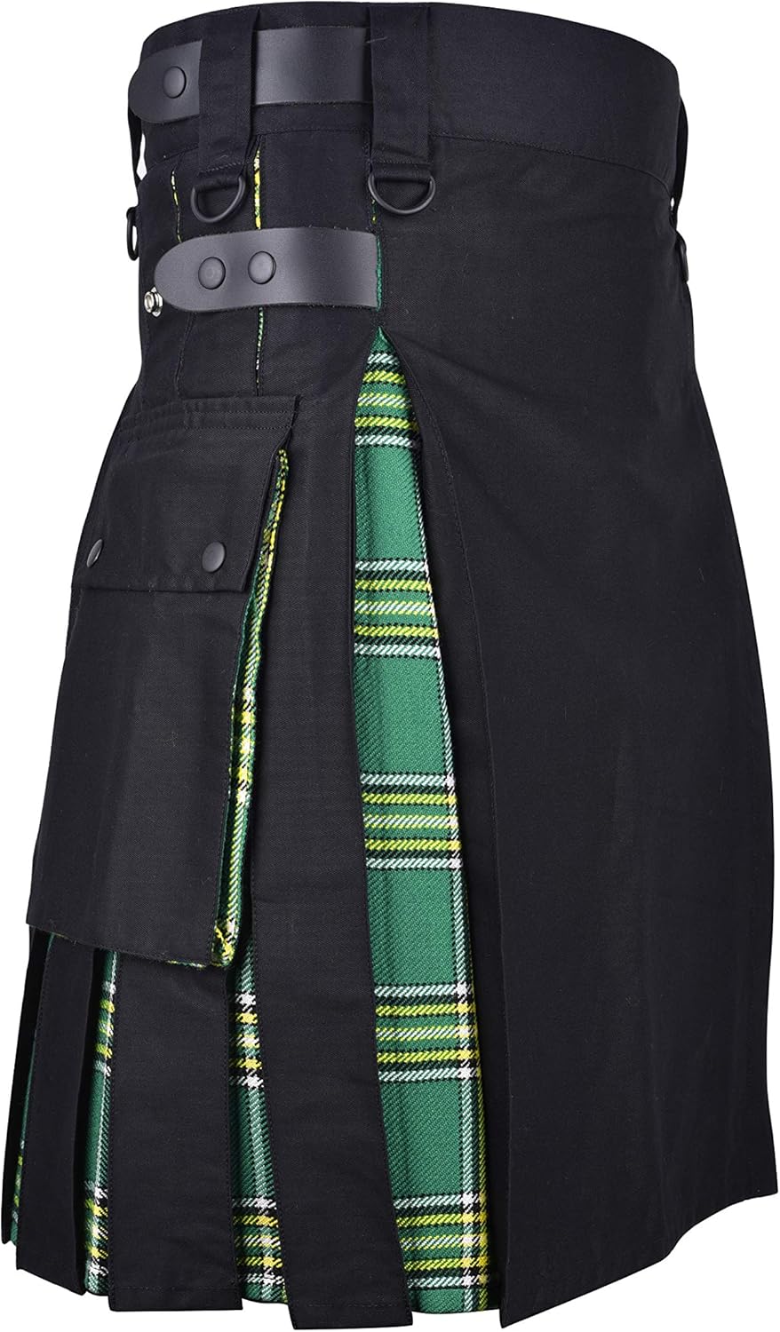 DSS KILT-Hybrid Black and Irish Green Utility Kilt, Black & Irish Green, 30 Inches Waist Size at Belly Button
