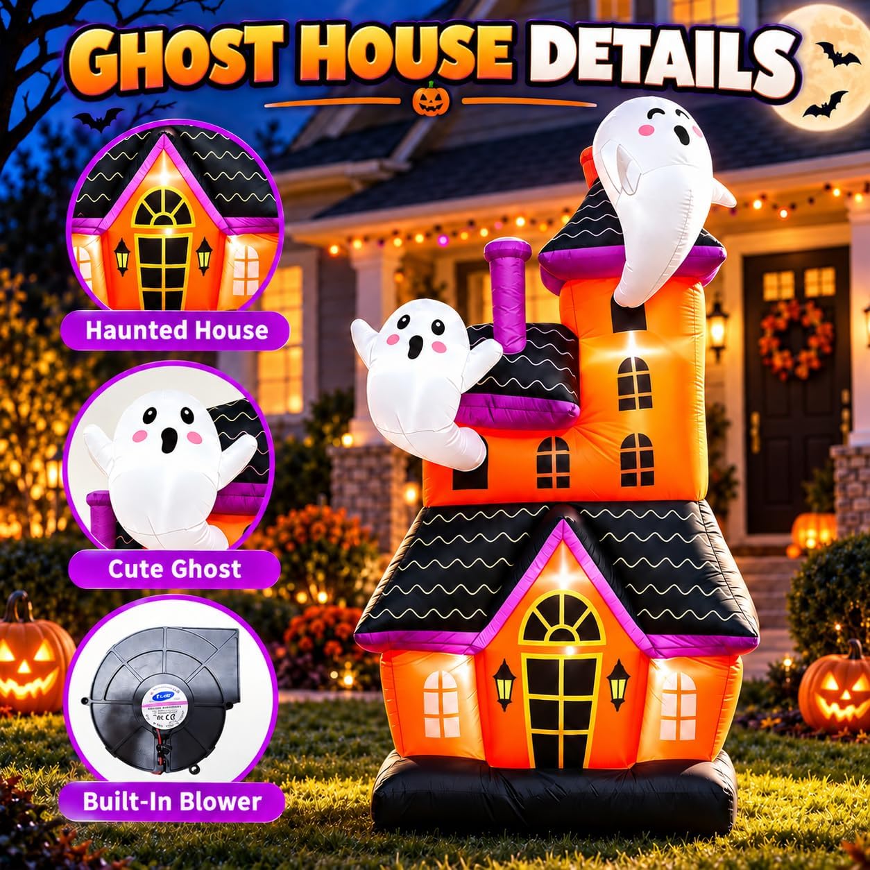 6 FT Halloween Inflatable Haunted House with 2 Cute Ghosts thumbnail