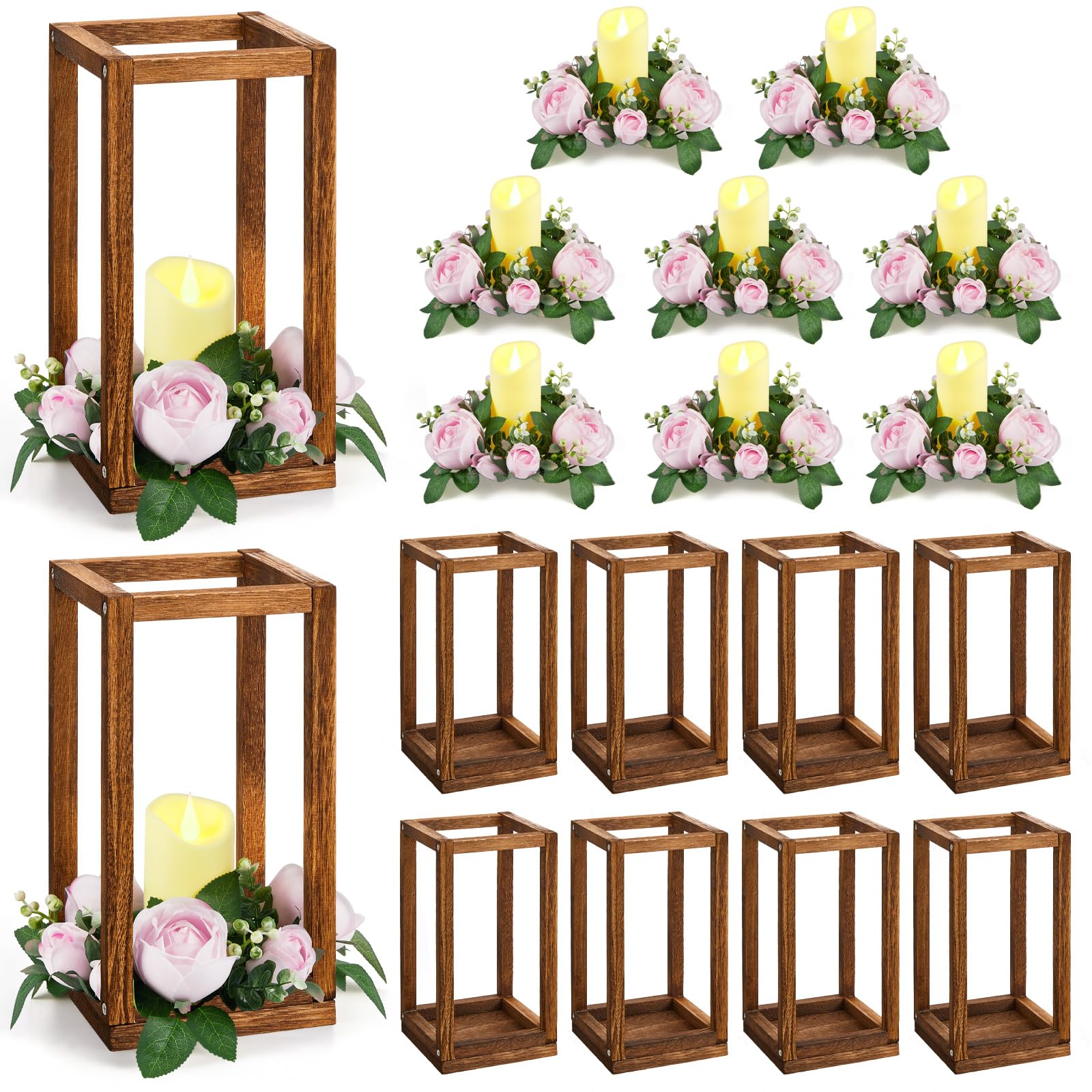 Sabary 30 Pcs Eucalyptus Wedding Lanterns Centerpiece Include Wooden Candle Holders Candles Rose Wreaths for Farmhouse Rustic Decorative Table Decorations Country Party Gift(Light Pink Flower)