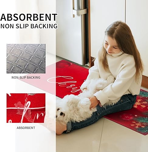 Miniatura 6 de Juego de 2 alfombras de cocina de Navidad, lavables, antideslizantes, para piso, 2 piezas, tapetes de cocina rojos, alfombras absorbentes para