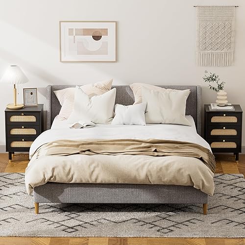 Miniatura 9 de VINGLI Mesita de noche de ratán de madera bohemia con 3 cajones mesita de noche de mimbre natural para dormitorios mesa auxiliar de bastón blanco 19