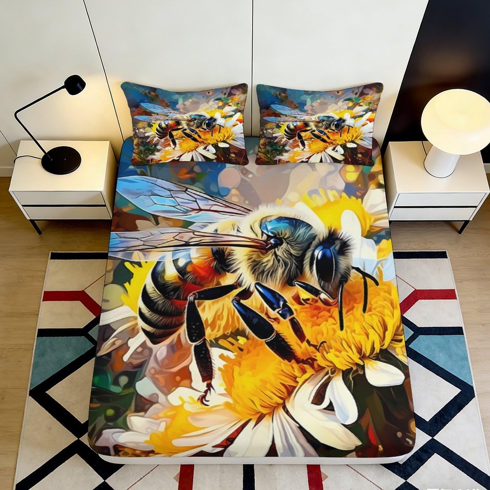 3D Printed Bee Floral Fitted Sheet Microfiber Soft Breathable Honeycomb Bed Cover for Bedroom Dormitory Guest Room Mattress Protection Decor 90x200x25cm