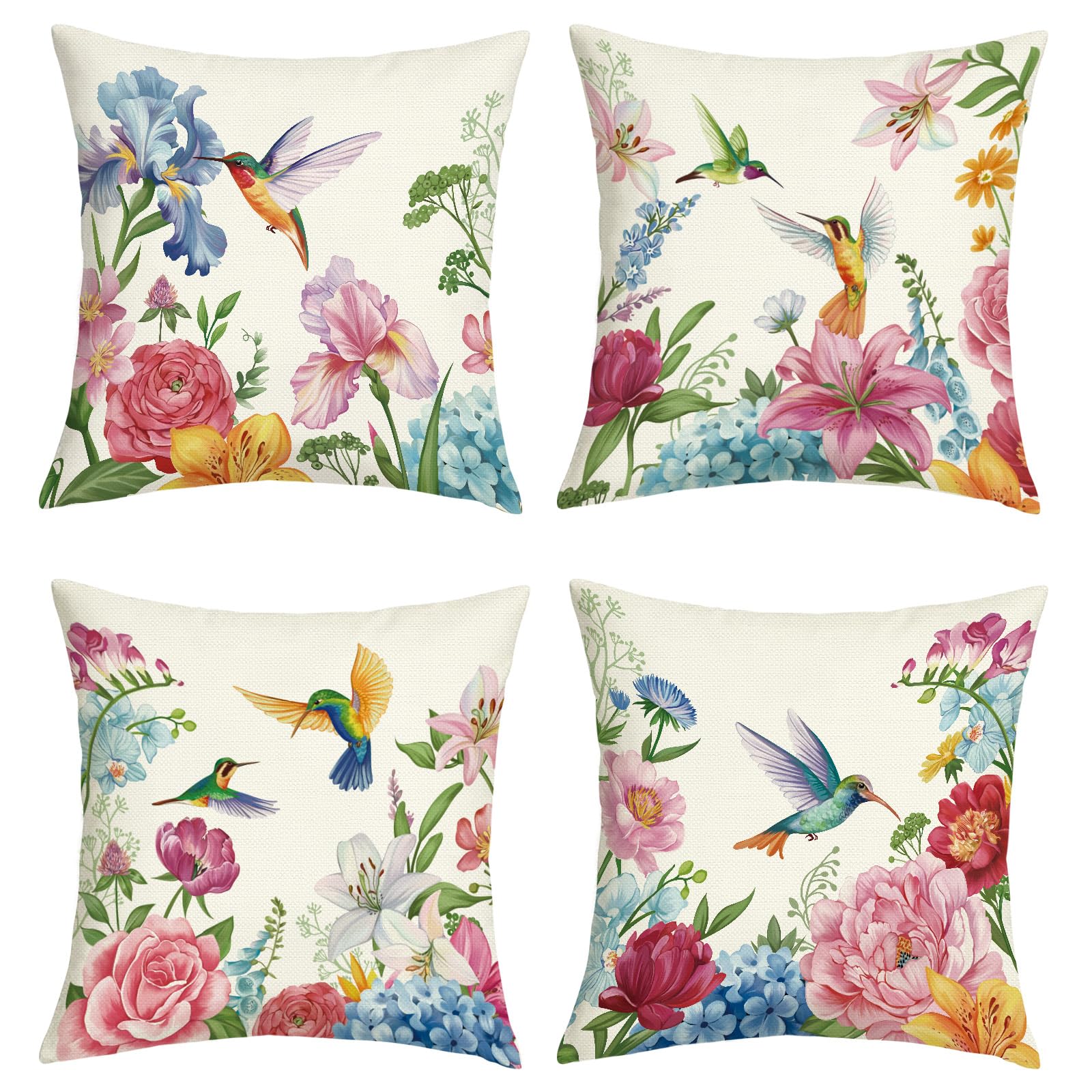 Joymaison Garden Flowers Hummingbird Spring Summer Cushion Covers 45 x 45 Pack of 4 Farmhouse Lily Iris Hydrangea Floral Square Throw Pillow Case Decorative Sofa Cushion with Invisible Zipper
