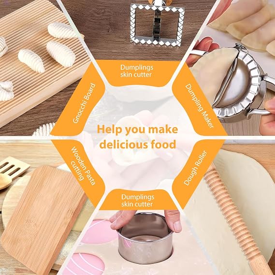 10 PCS Pasta Making Tools, Pasta Maker with Ravioli Stamp Cutters Kit | Includes ravioli stamp cutters, gnocchi board, rolling pin and mould for pasta, dumplings, lasagna and pierogi