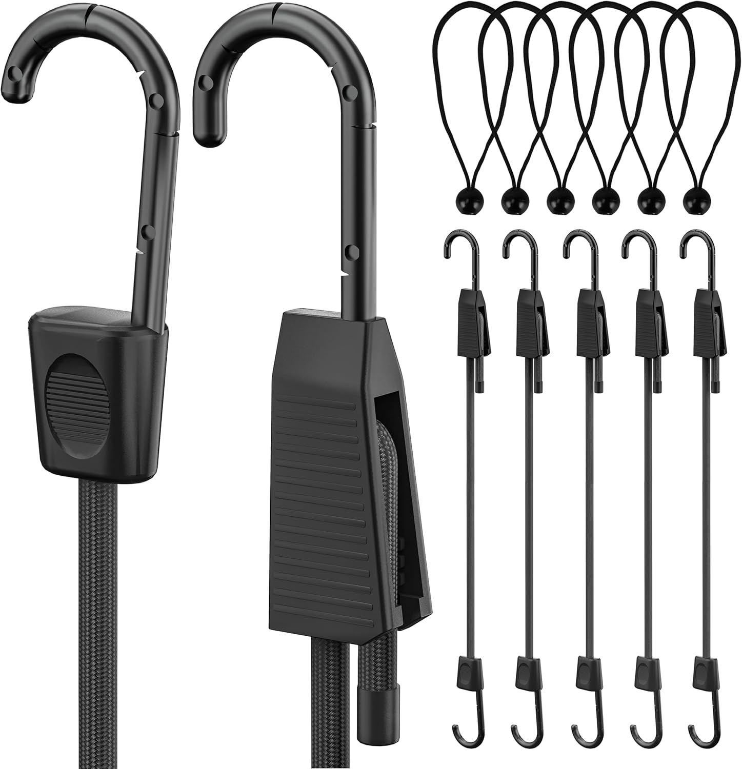 36 Inch Adjustable Bungee Cords with Hooks, 6 Pcs Black Bungee Cords & Canopy Tarp Ball Ties, Heavy Duty Elastic Bungee Straps, Perfect for Securing Tarps, Cargo, Camping, Luggage, Tents, Bikes, etc