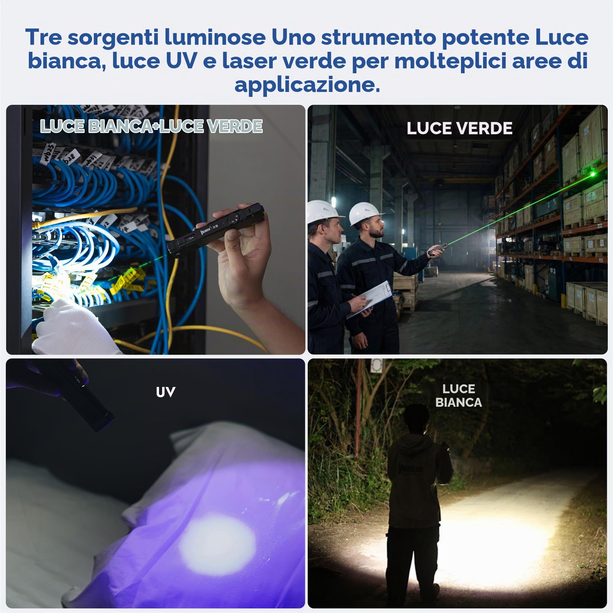 WUBEN X5 Torcia LED Ricaricabile Potente Professionale, 1300 Lumen 3 in 1 a 6 Modalità con Raggio Verde e UV Luce Nera, USB C Torcia Tattica Impermeabile IP65 per Campeggio, Esterno e Lavoro(Nero)
