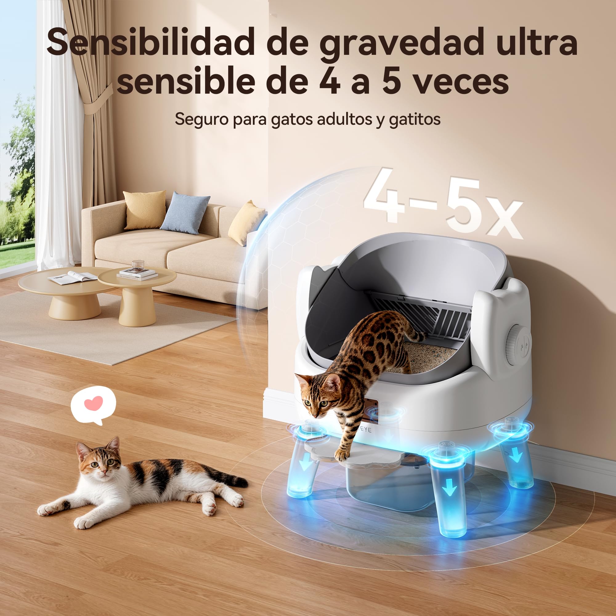 Thereye Arenero Gatos Autolimpiable con Escalón de Entrada,Arenero Automático de Diseño Abierto con Control por Aplicación,Sensor de Seguridad,Protección Anti-atrapamiento y Eliminación de Olores