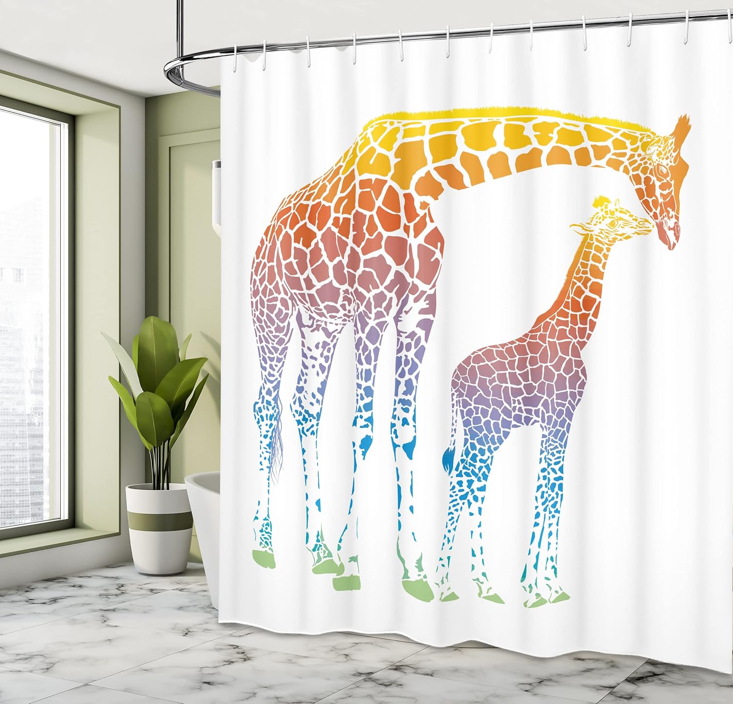 Ambesonne Giraffe Shower Curtain, Mom Giraffe in Rainbow Colors Abstract Art Surrealist Image of Animal, Cloth Fabric Bathroom Decor Set with Hooks, 69" W x 75" L, White Multicolor
