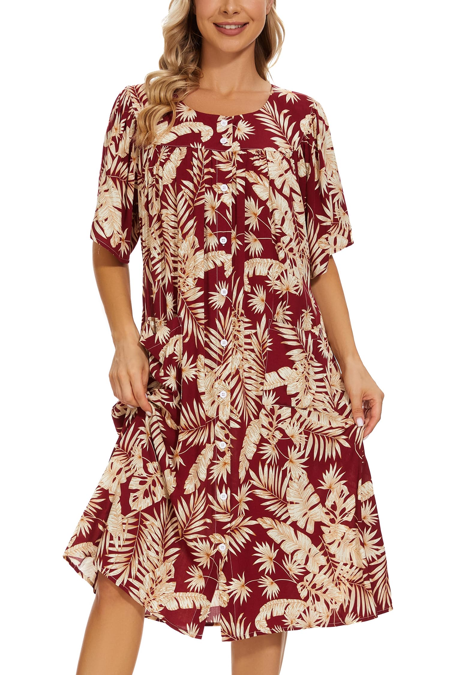 COSUNIONY House Dresses for Women Cotton Short Sleeve House Coat Buttons Down Dusters Robe with Pockets S-XXL