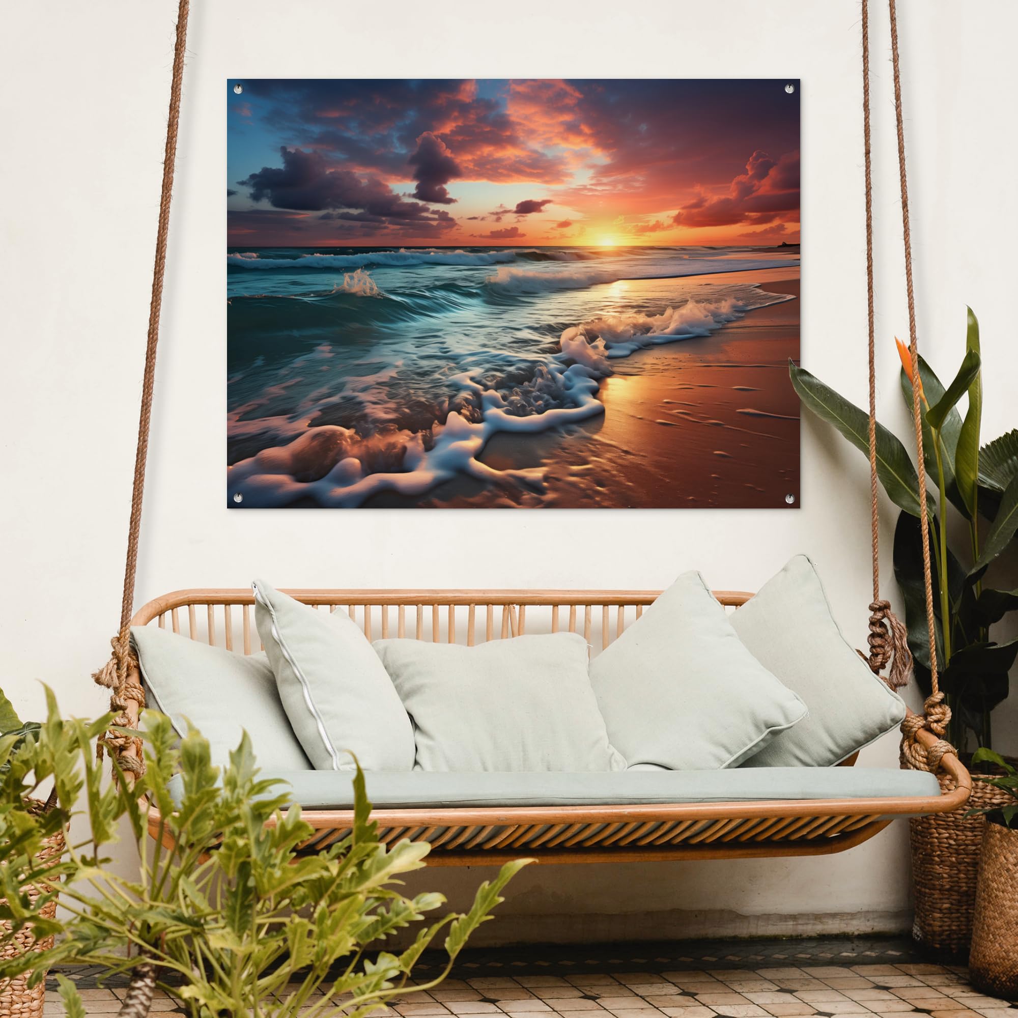 MuchoWow© Decoracion Jardin Exterior Decoración Pared Póster De Jardín | 120x90 cm - Balcón Wall Decoration Patio Posters Decorativos Terraza Puesta sol - Playa - Mar - Golf