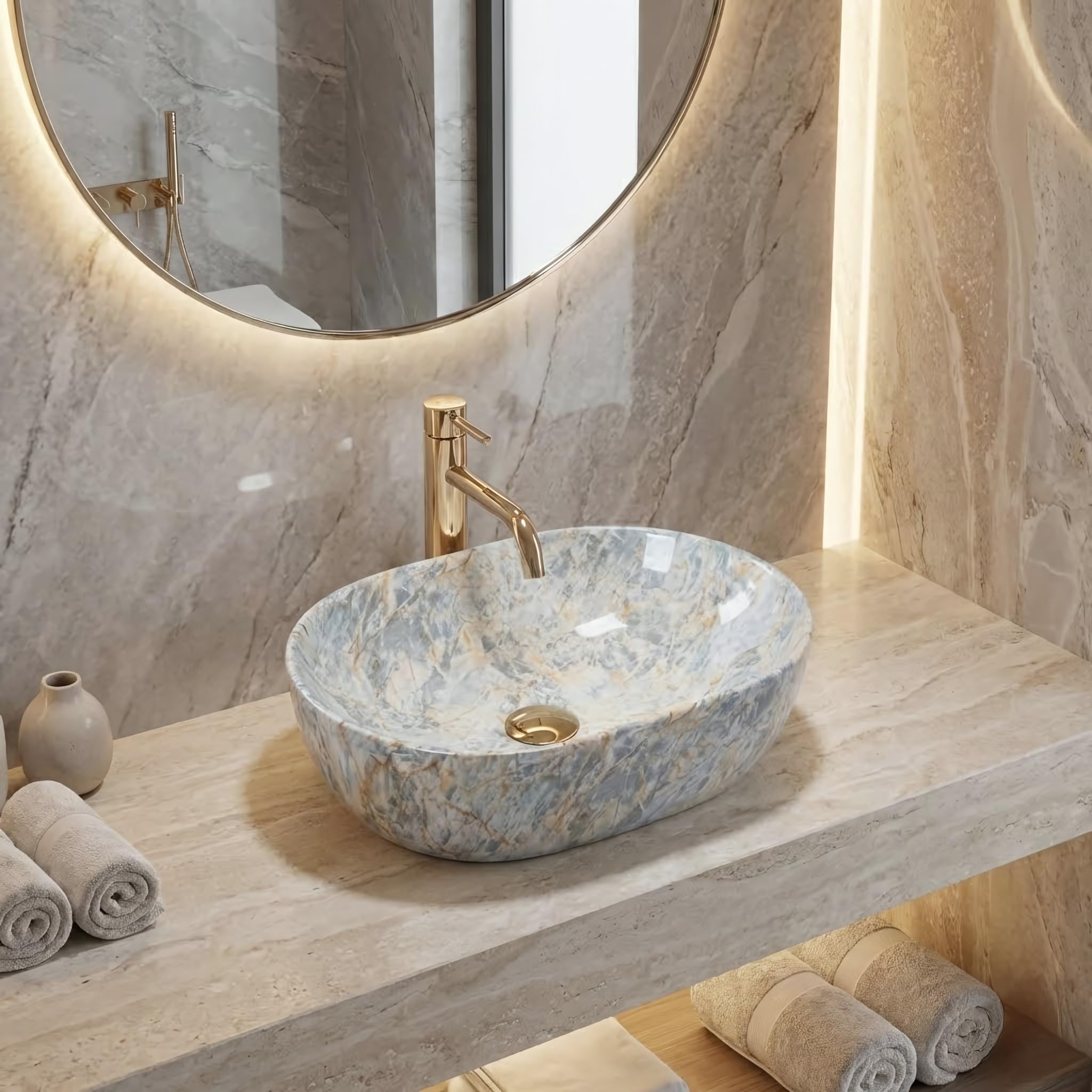 Rea - Lavabo sobre encimera Amelia Rustrstone 48 - Cerámica - Beige - 48x34,5x13,5 cm