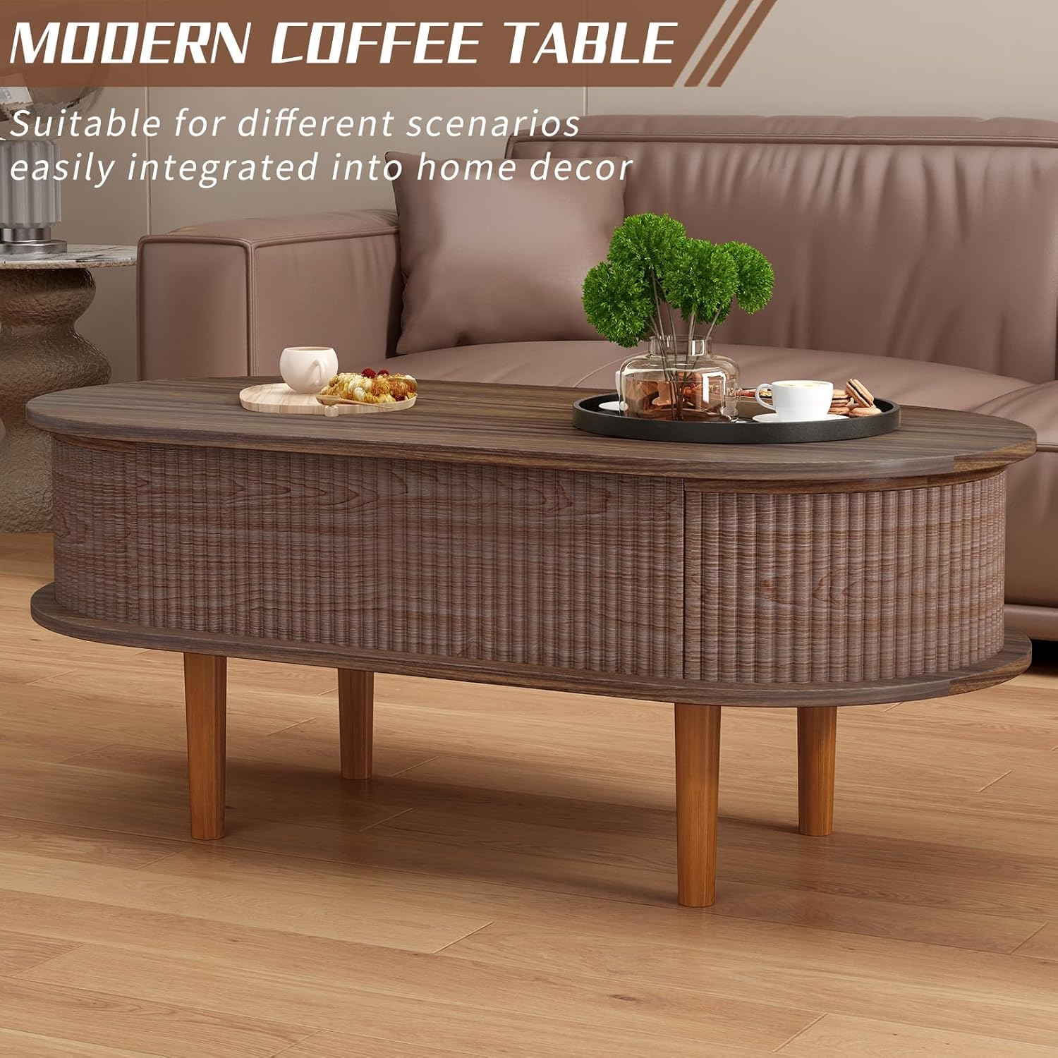 Lift Top Coffee Table with Storage, Oval Fluted Wooden Center Table with Lift Tabletop & Hidden Compartment, Modern Oval Wood Coffee Tables for Living Room Home Office Apartment, Walnut