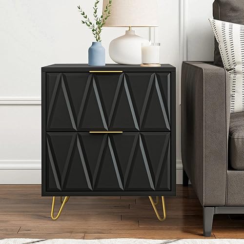 Miniatura 7 de Black Nightstand Set of 2, Modern Bedside Table with 2 Drawers Storage, Wood End Side Table Night Stand with Gold Legs for Bedroom Living Room