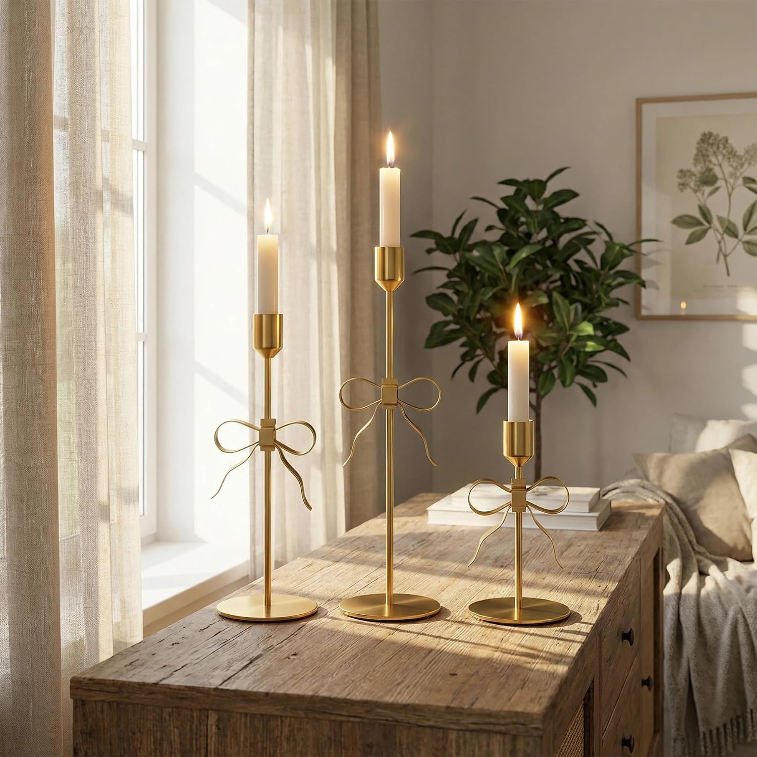 Bow Candle Holder - Set of 3 Metal Gold Bow Candlestick Holder, Modern Decorative Taper Candle Holder for Centerpiece Dining Table Wedding Holiday Housewarming Gift, Gold Finish (Style1-Gold)