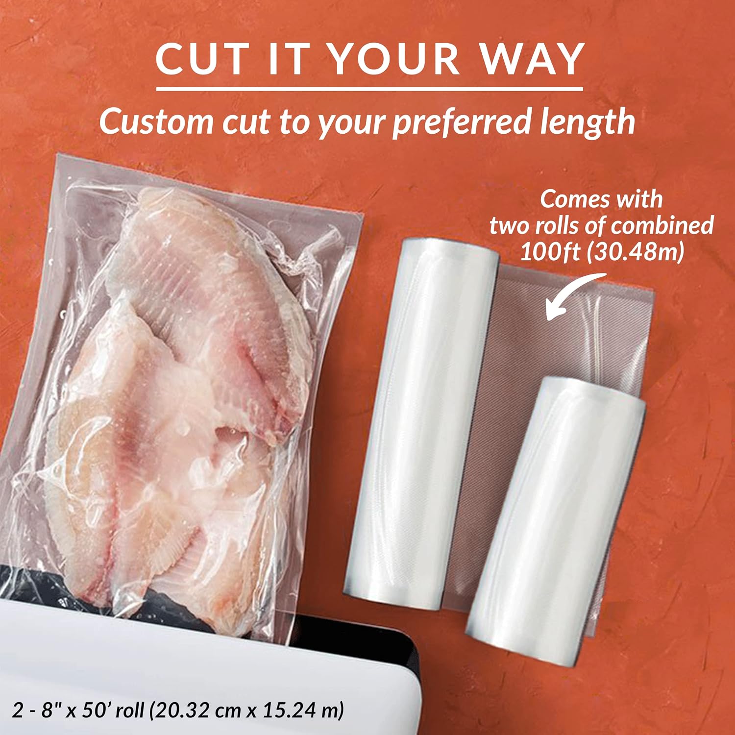 Lock Vacuum Sealer Bags - Set of 2 8x50 Inch BPA-Free Rolls - Food Saver Vac Seal for Sous Vide & Meal Prep - Commercial Grade Foodsaver Bag