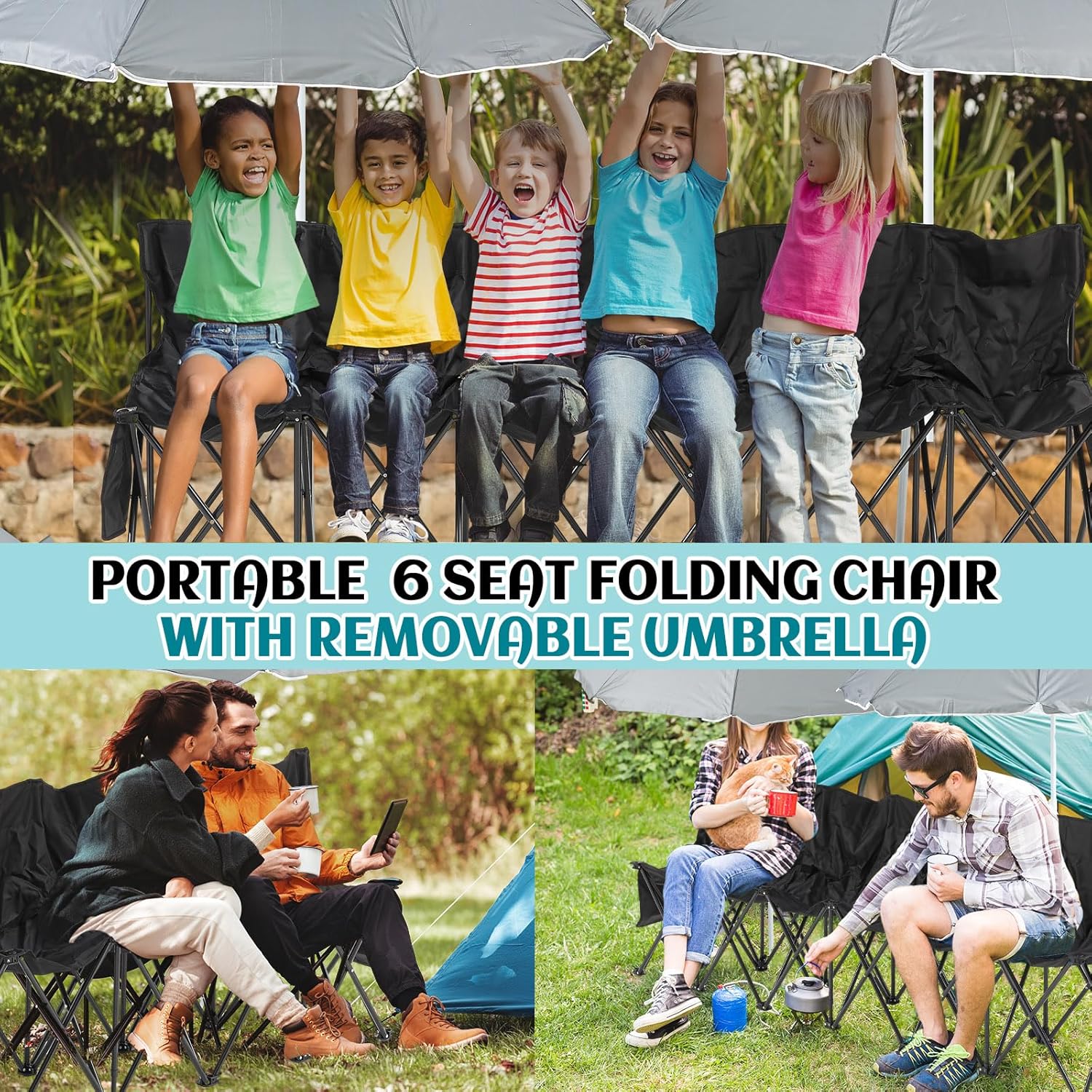 6 Seat Folding Soccer Bench with Umbrella Portable Sports Sideline Bench Chair with Carry Bag for Soccer Football Camp Beach Outdoor Seating, Black