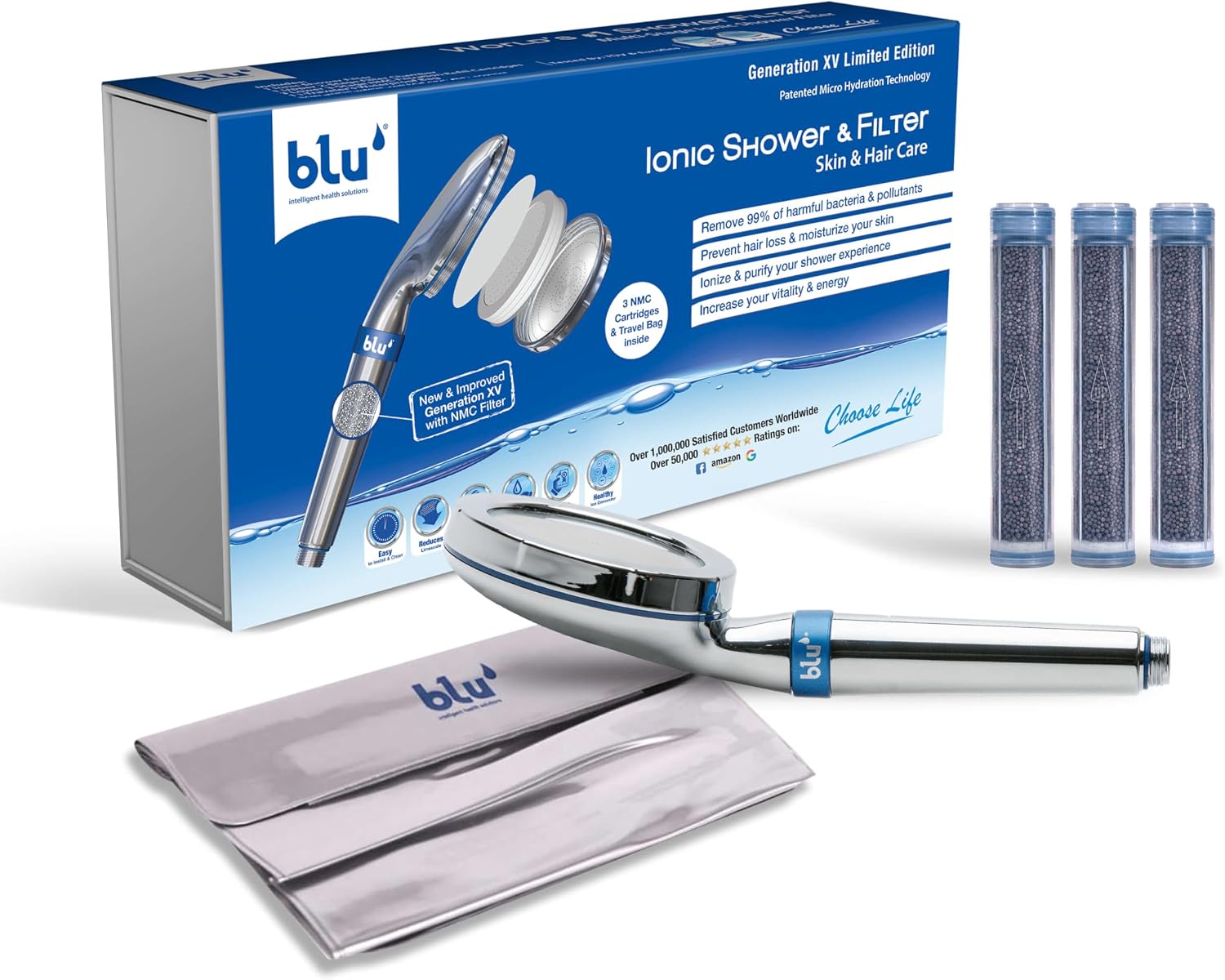 blu Ionic Shower Head & Filter - Handheld, Chrome (Amazon Exclusive) | Removes Chlorine & Harmful Pollutants, Prevents Hair Loss, Moisturizes Skin
