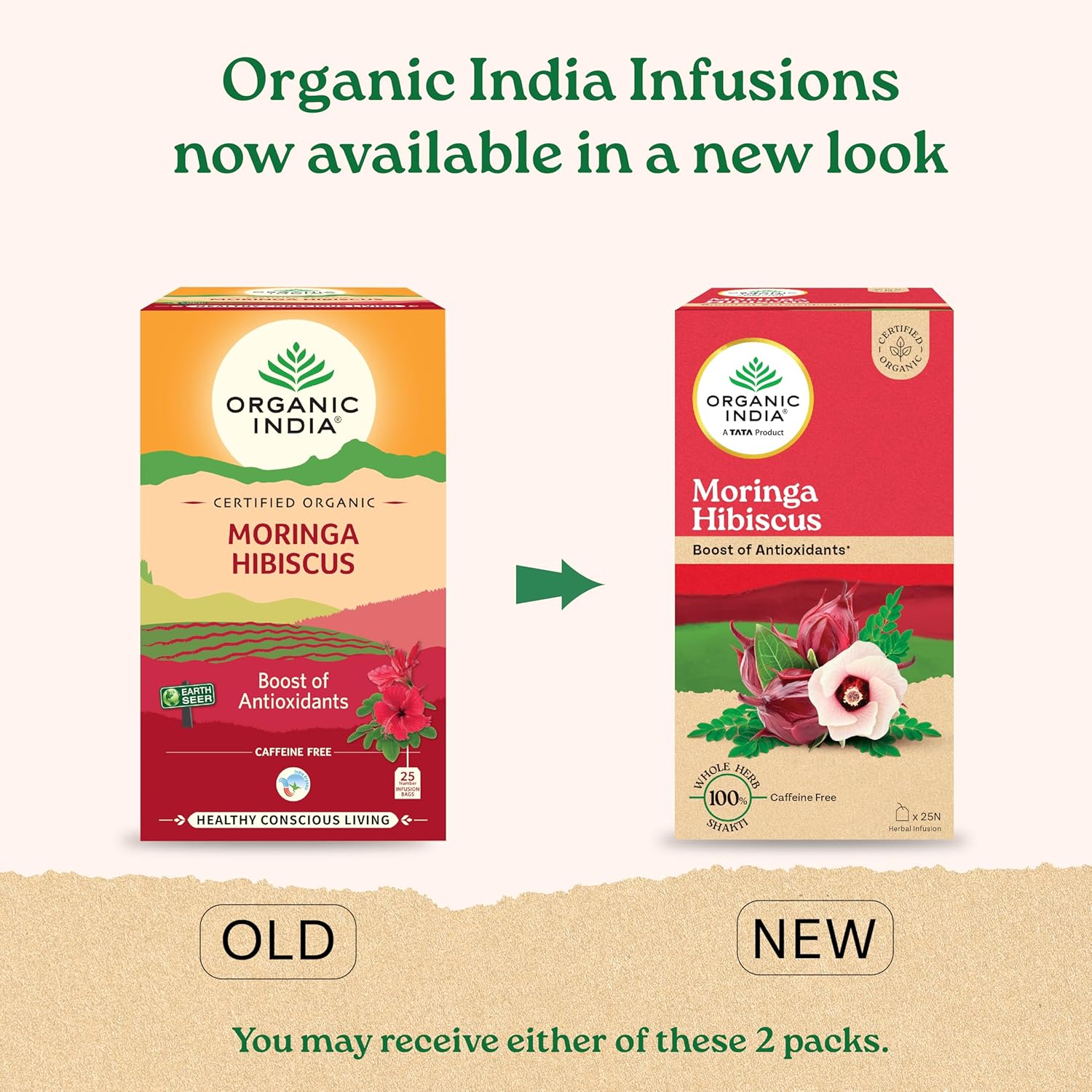 A TATA Product - Organic India Moringa Hibiscus Infusion, 25 Tea Bags, Certified Organic, Antioxidant-Rich, Caffeine-Free, Whole Herb Blend