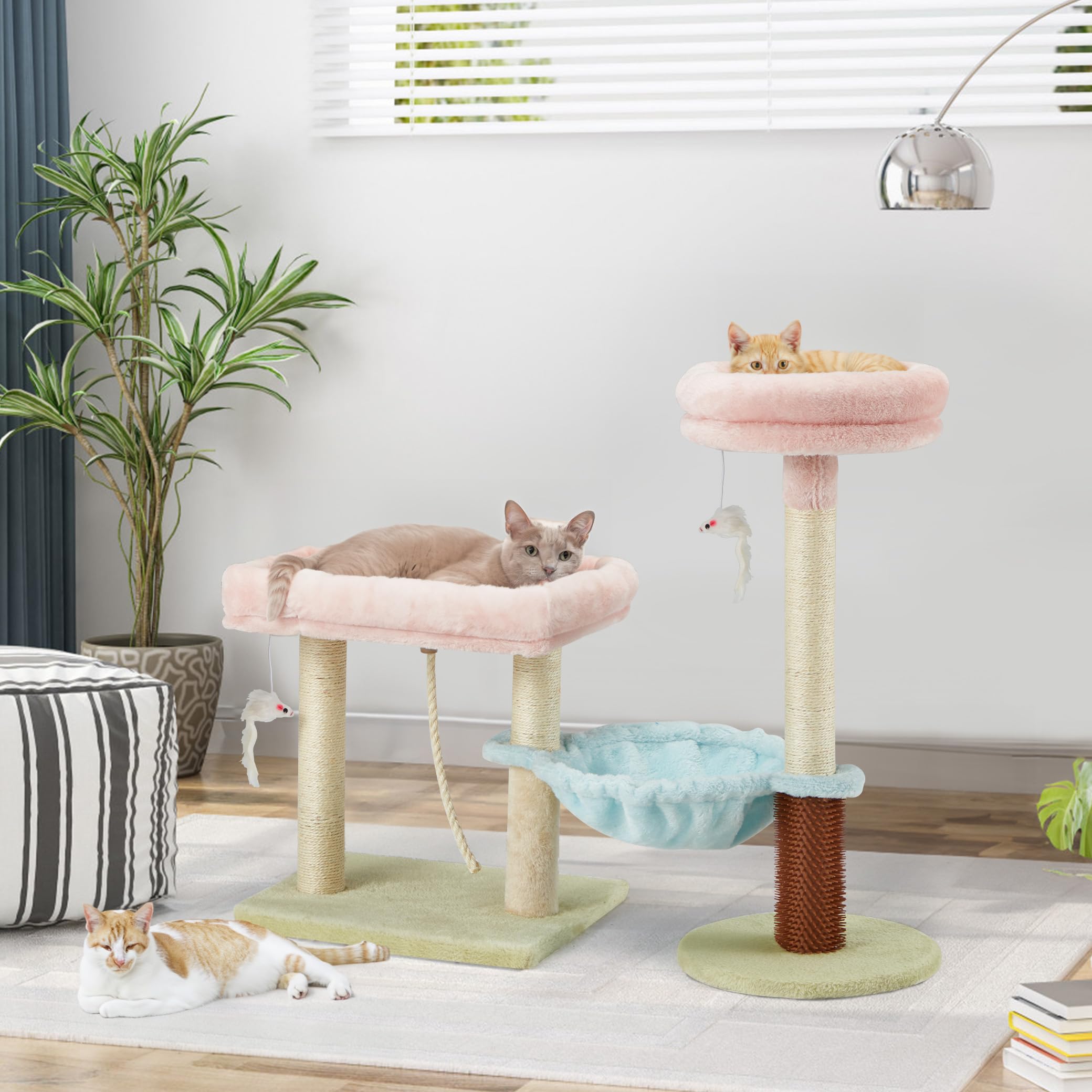 Pink Cat Tree,27.5-Inch Small Cat Tree Tower with Two Top Perch,Cozy Hammock, 3 All-Natural Scratching Posts, Cat Scratcher and 2 Hanging Toys for kittens,Green and Pink