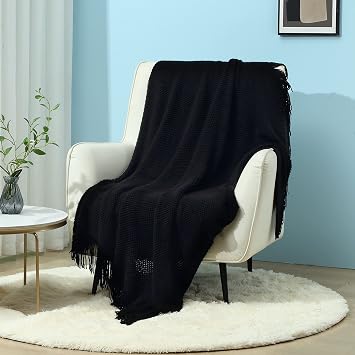 CREVENT 50x60 inches Knitted Decorative Throw Blanket for Couch/Sofa/Chair Bed Soft and Lightweight for Spring Summer Autumn Black