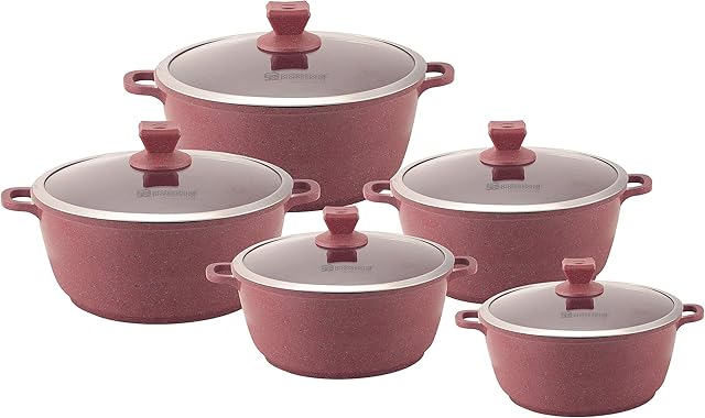 SQ Professional NEA Marbell Die-Cast Aluminium Stockpot 5pc Set with Marble Effect Non-Stick Coating (Rossa)