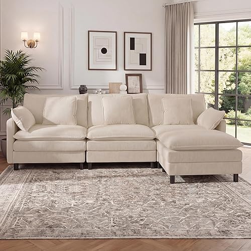 YDN Sofá de 110 pulgadas, sofás seccionales para sala de estar, sofá nube con otomana móvil, juego de sofá modular en forma de L, color beige