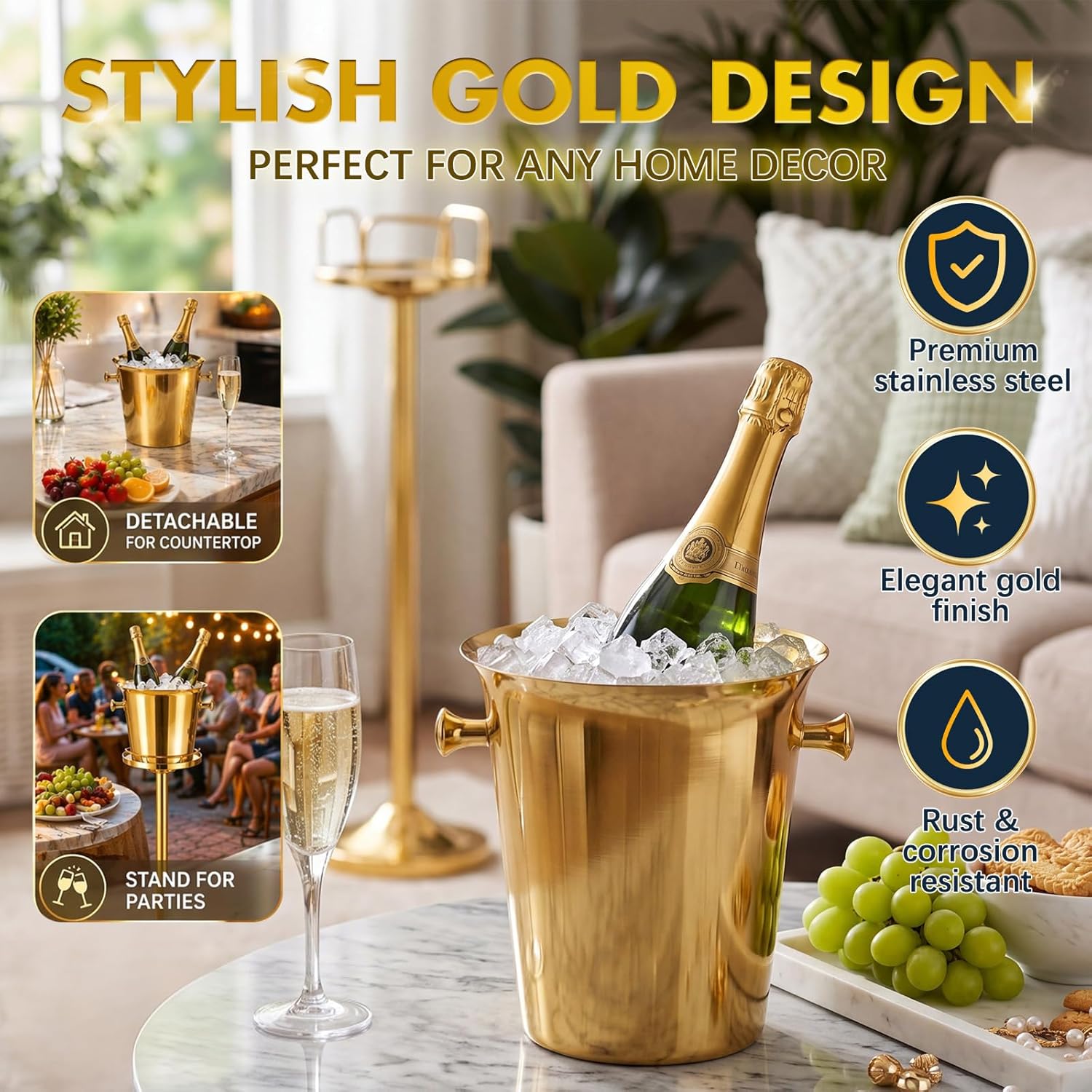 Lallisa 1 Pack Ice Bucket with Stand Champagne Bucket 5l 12lb Stainless Steel Beverage Tub 3ft Wine Bottle Chiller Holder for Wine Beer Party Hotel Ktv Club Bar BBQ Christmas Wedding (Gold)
