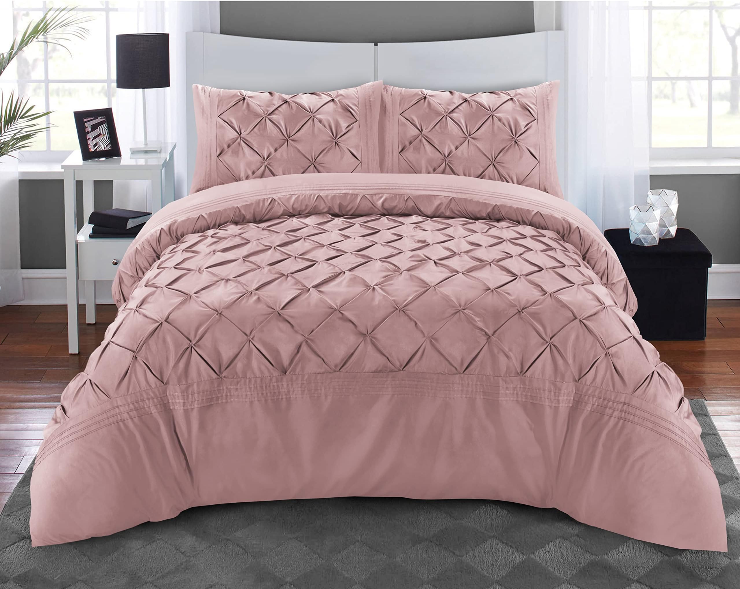 MK Home TextilePintuck Pink Duvet Cover Set 3 Pieces Pinch Pleat Microfiber Bedding Covers Hotel Quality Quilt Bed Sets with Pillowcases Double King Super King Size