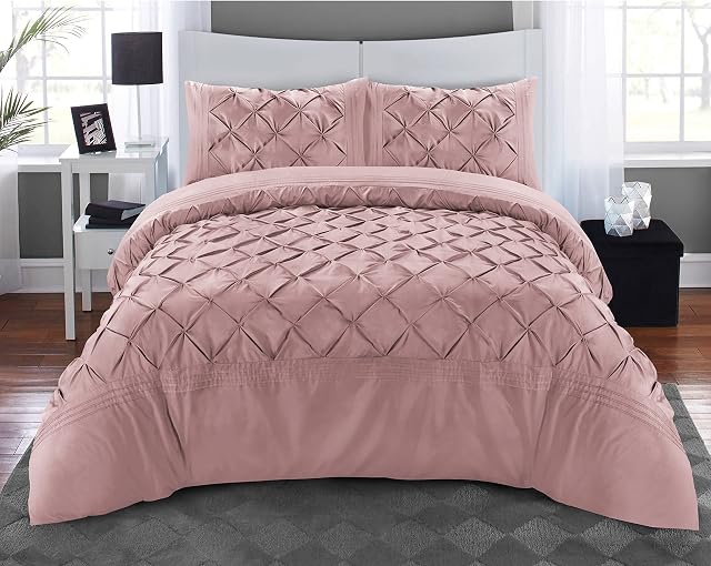 Pintuck Pink Duvet Cover Set 3 Pieces Pinch Pleat Microfiber Bedding Covers Hotel Quality Quilt Bed Sets with Pillowcases Double King Super King Size