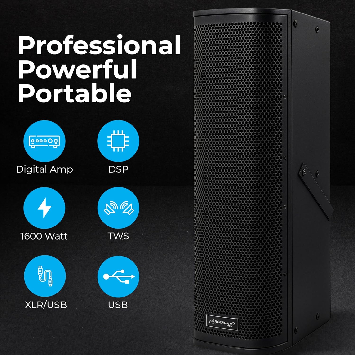 ANTAKRIPO Professional 1600W Powered Column Array Speakers – Active Wireless Speaker System with Digital Amplifier, DSP Control, USB, RCA/XLR, TWS Pairing & Master Volume Control