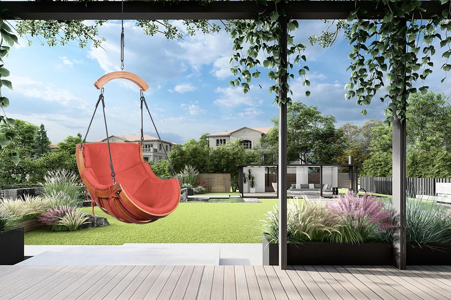 Hanging Chair with Curved Bar, Wooden Swing Seat with Cushion, Terracotta, 39.8 x 32.3 x 48.8 inches