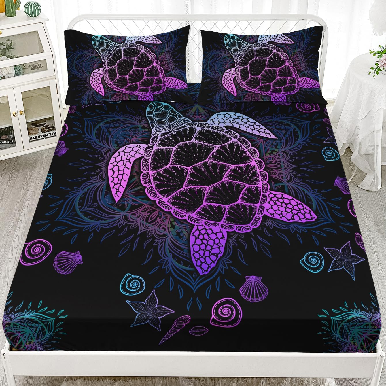 HOSIMA Turtle Fitted Sheet Bed in A Bag Full Size for Adults Kids Coastal Granddaughter Bedding,Mandala Black Fitted Sheet Starfish Scallops Sea Animal Bedding Toddler Room Decor for Girls Boys.