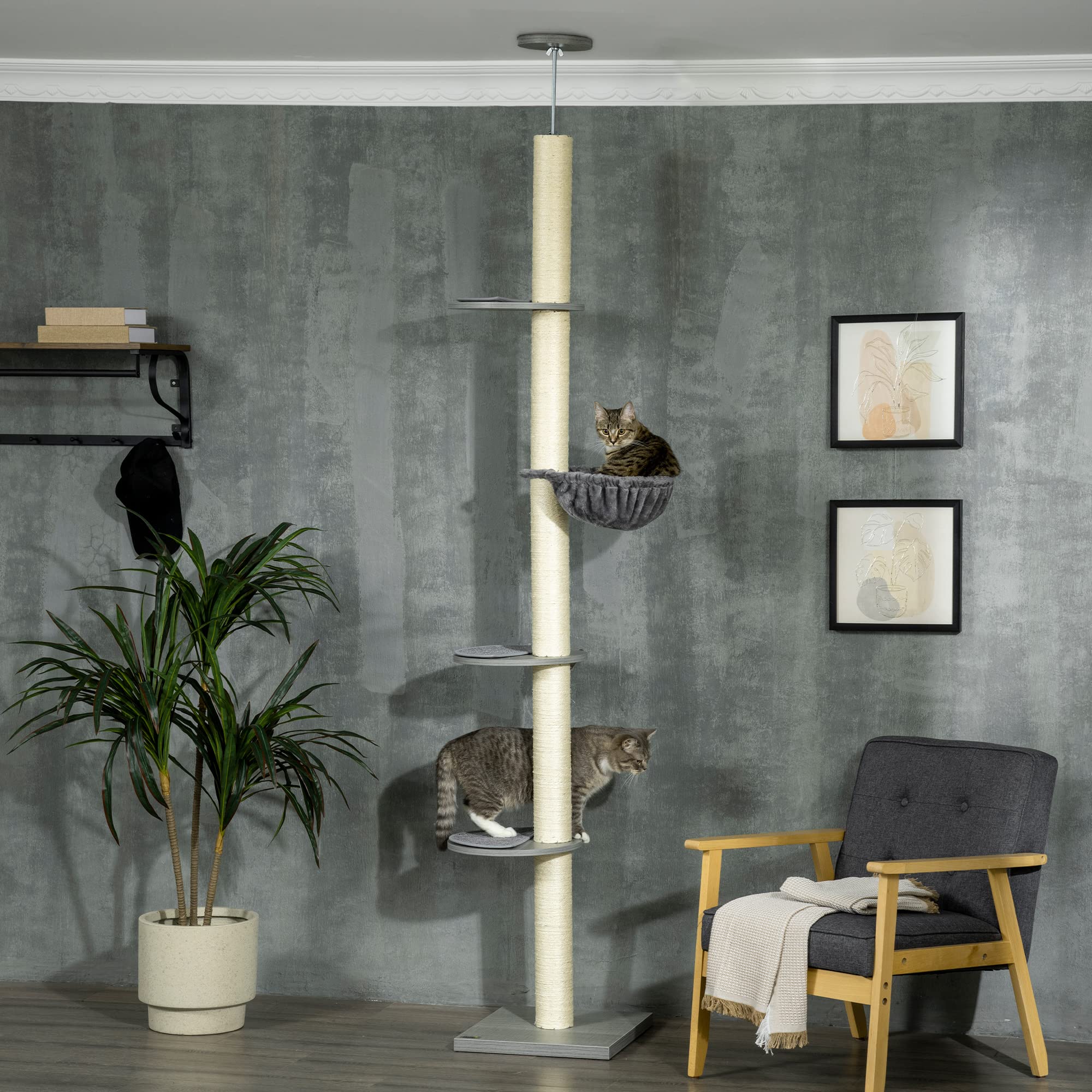 PawHut Krabpaal, plafondhoog, 225 - 255 cm, in hoogte verstelbare kattenboom, kattenkrabpaal met kattenmand, krabstammen, mand, speelbal, kattenmeubel voor middelgrote katten, grijs