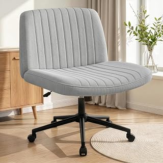 NEO CHAIR Criss Cross Chair with Wheels Armless Cross Legged Office Desk Wide Comfy Vanity Makeup Chair Adjustable Swivel Rolling Computer for Home Office Fabric (Grey)