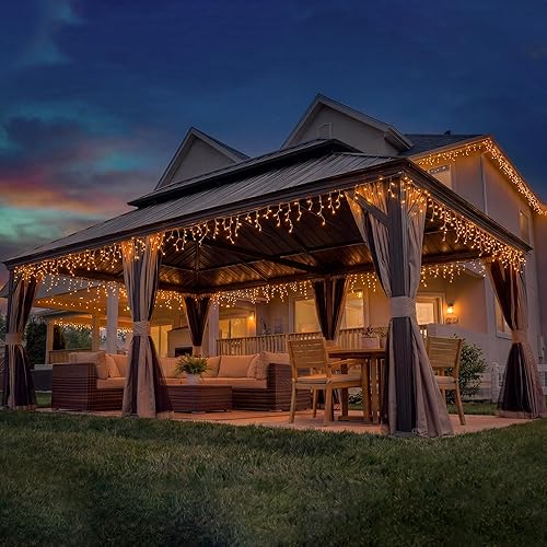 Domi 14' X 24' Hardtop Gazebo Large Outdoor Metal Gazebo Canopy with Galvanized Steel Double Roof, Aluminum Frame, Curtains and Netting for Patio, Deck, Garden, Brown