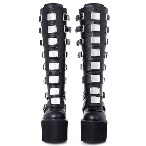 CELNEPHO Womens Wedge Platform Knee High Boots High Heel Round-Toe Zip Punk Goth Mid Calf Combat Boots For Women - 10 - Black