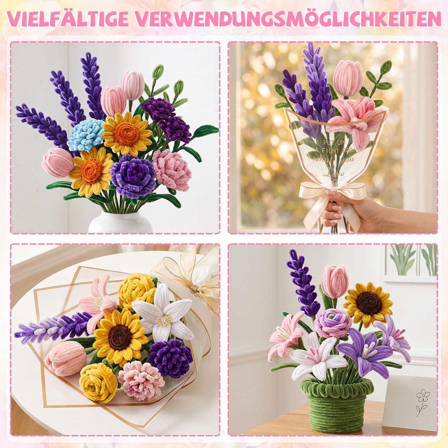 800 PCS Pipe Cleaner Flower Kit,13 Color Pipe Cleaners Bulk Chenille Stems with Flower Stamen, Floral Tape, Ribbon, Paper Sheets and Instructions for DIY Arts and Crafts(800)