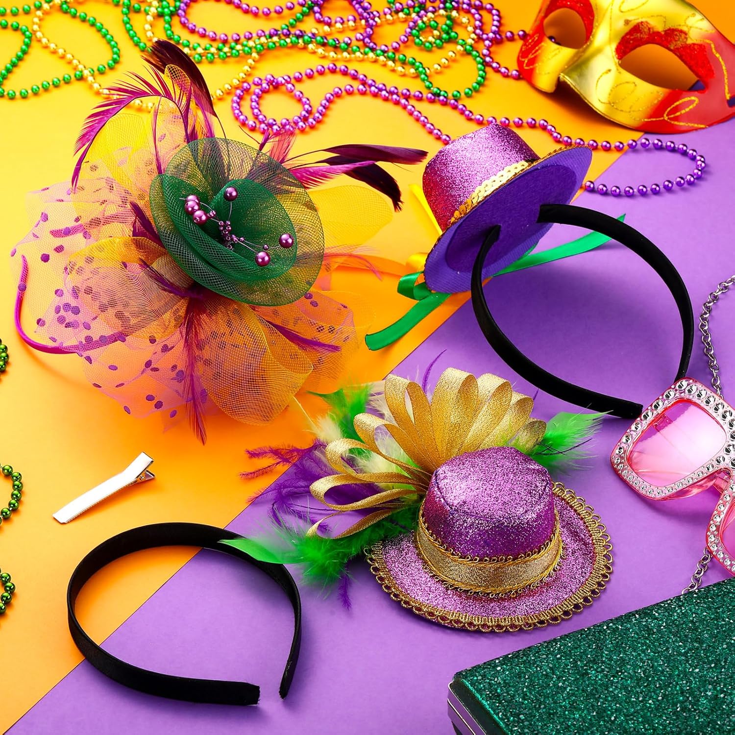 3 Pcs Mardi Gras Fascinators Hat for Women Tea Party Glitter Sequin Mardi Gras Headband Hair Clip with Feather and Chiffon Flower for Carnival Dress up Costume Accessories - Image 2