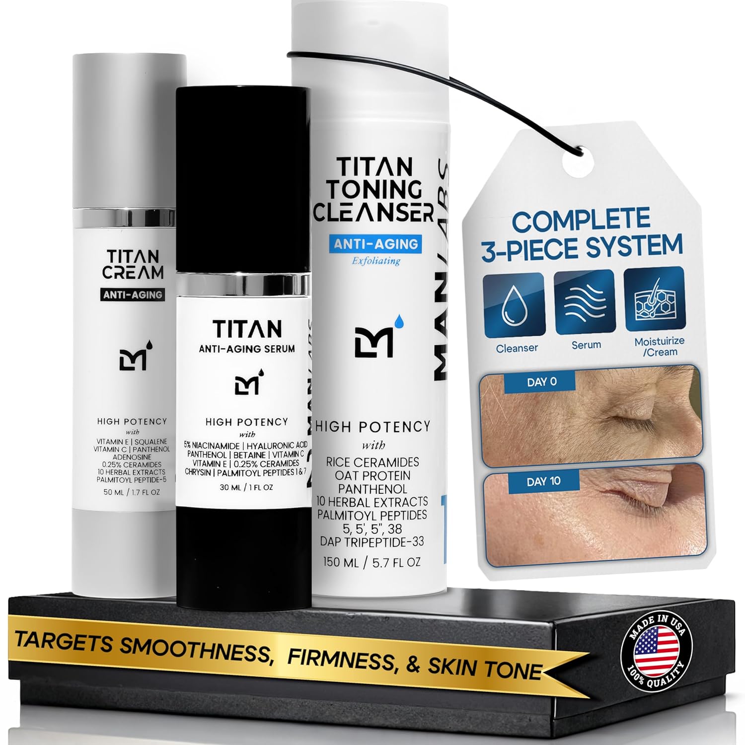 Titan Anti-Aging Mens Skin Care Kit – Face Serum for Men, Face Moisturizer, Cleanser – Skin Care for Men – Dark Spots, Wrinkles, Fine Lines – Vitamin C, Niacinamide, Ceramides, HA – Unscented