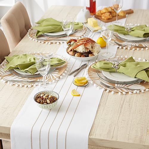 Miniatura 3 de DII Colección decorativa de mesa con borlas a rayas, lavable a máquina, camino de mesa 14x108, blanco y piedra