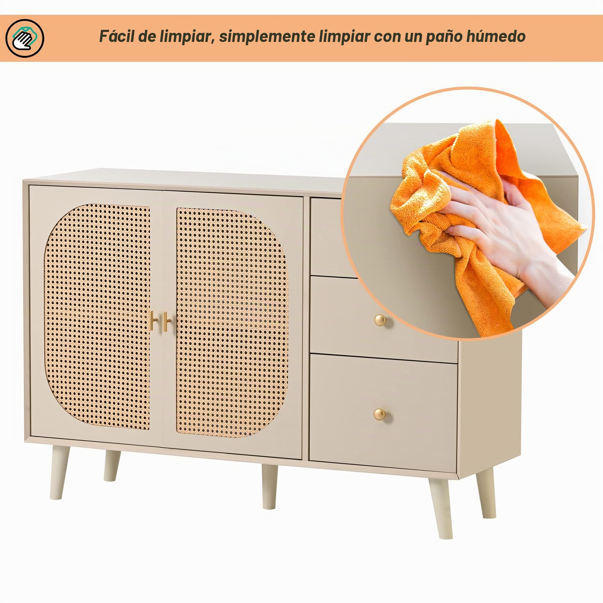 Azkoeesy Aparador de Ratán Beige- Armario Buffet 2 Puertas + 3 Cajones (120x40x82 cm) para Cocina, Salón o Jardín - Mueble de Almacenamiento Estilo Rústico