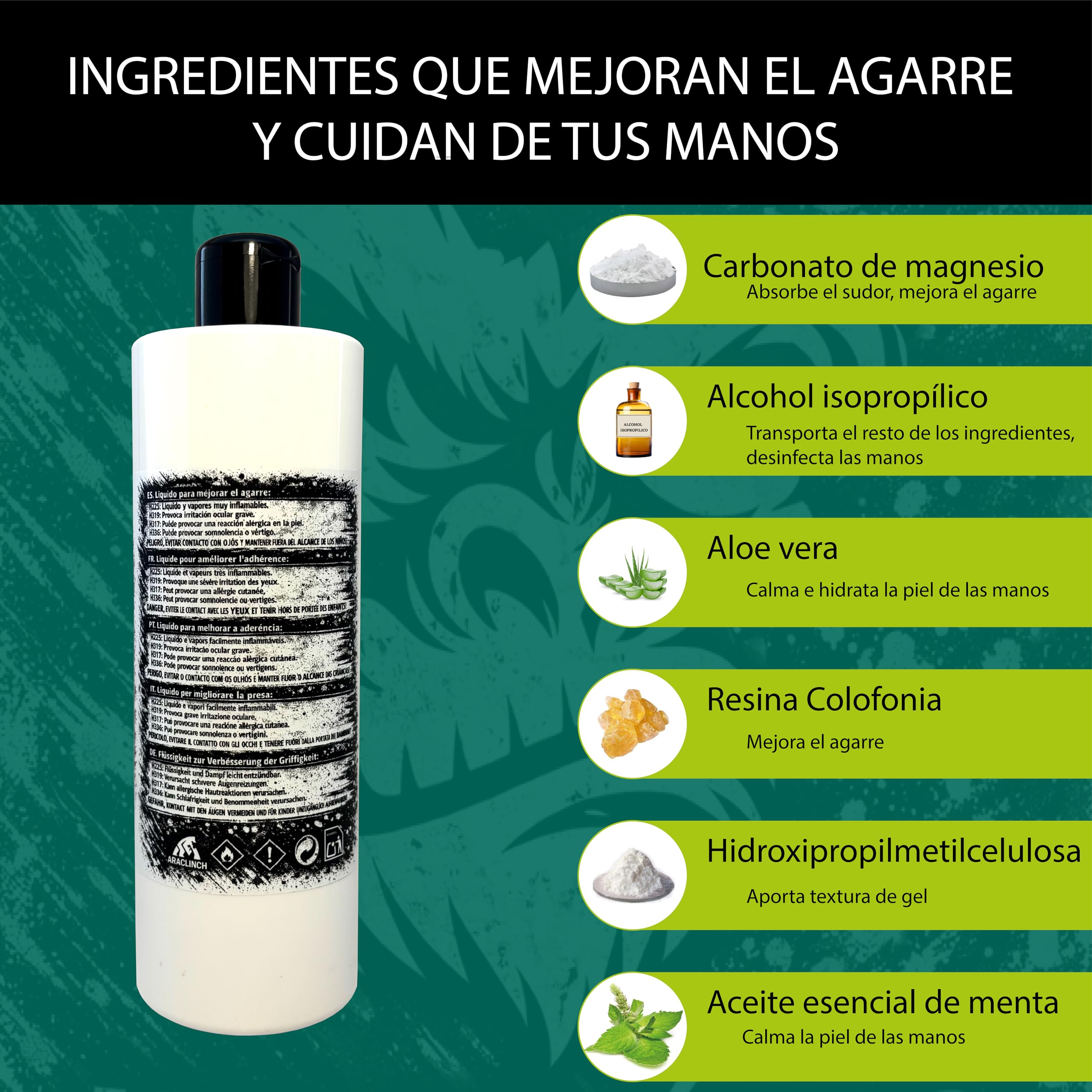 Magnesio Líquido 400mL para Escalada, Crossfit, Gimnasio, Agarre y Cuidado de Manos con Aloe Vera y Menta