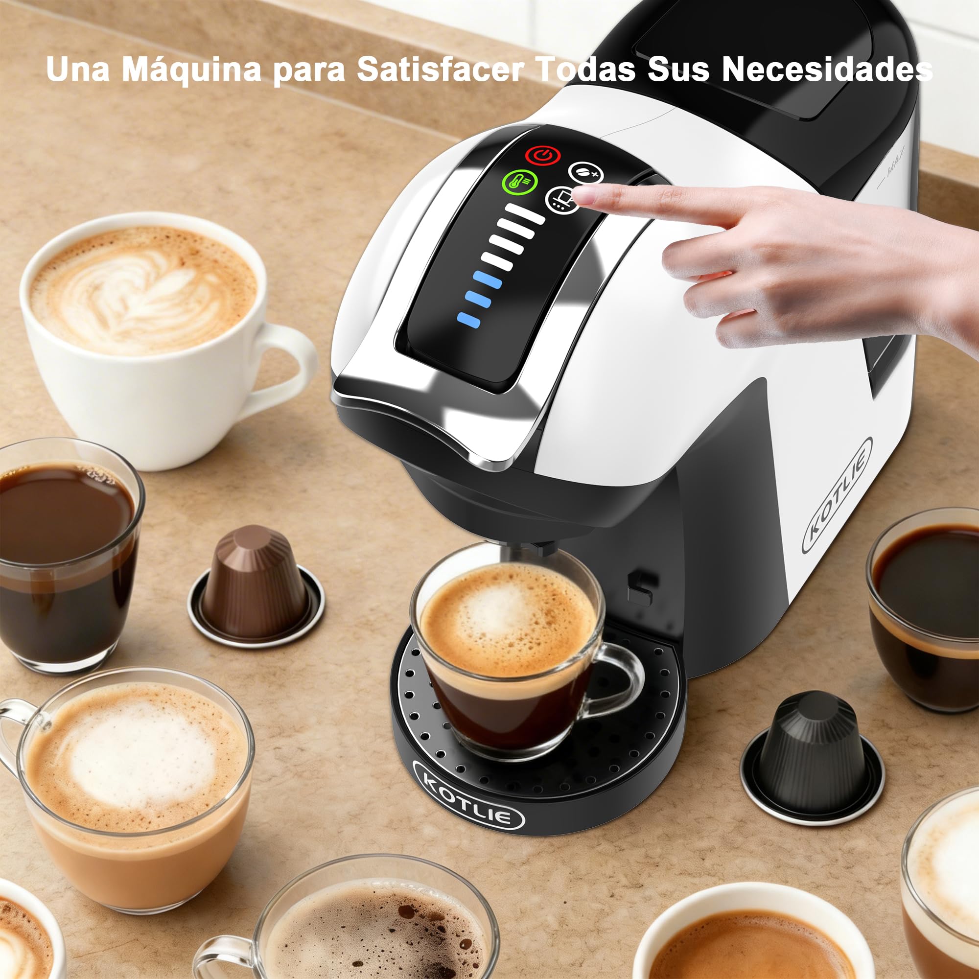 KOTLIE 5 en 1 máquina de café cápsulas 19 Bar, máquina multi-cápsula para Nespresso/Dolce Gusto/pastillas ESE (44mm)/polvo de café, depósito de agua 1L, 3 temperaturas/7 cantidades de agua