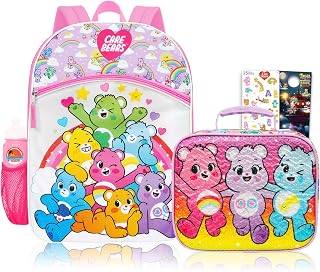Care Bears Backpack and Lunch Box Set for Girls School Bundle w/More | Insulated Lunch Bag & 16in Large Durable Care Bears Bookbag Plus Water Bottle, Stickers, More - Care Bears School Supplies