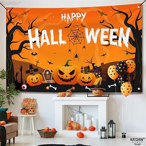 Miniatura 5 de KatchOn Pancarta extragrande de Feliz Halloween, 72 x 44 pulgadas, telón de fondo espeluznante, decoraciones de fiesta naranja y negro, pancarta de