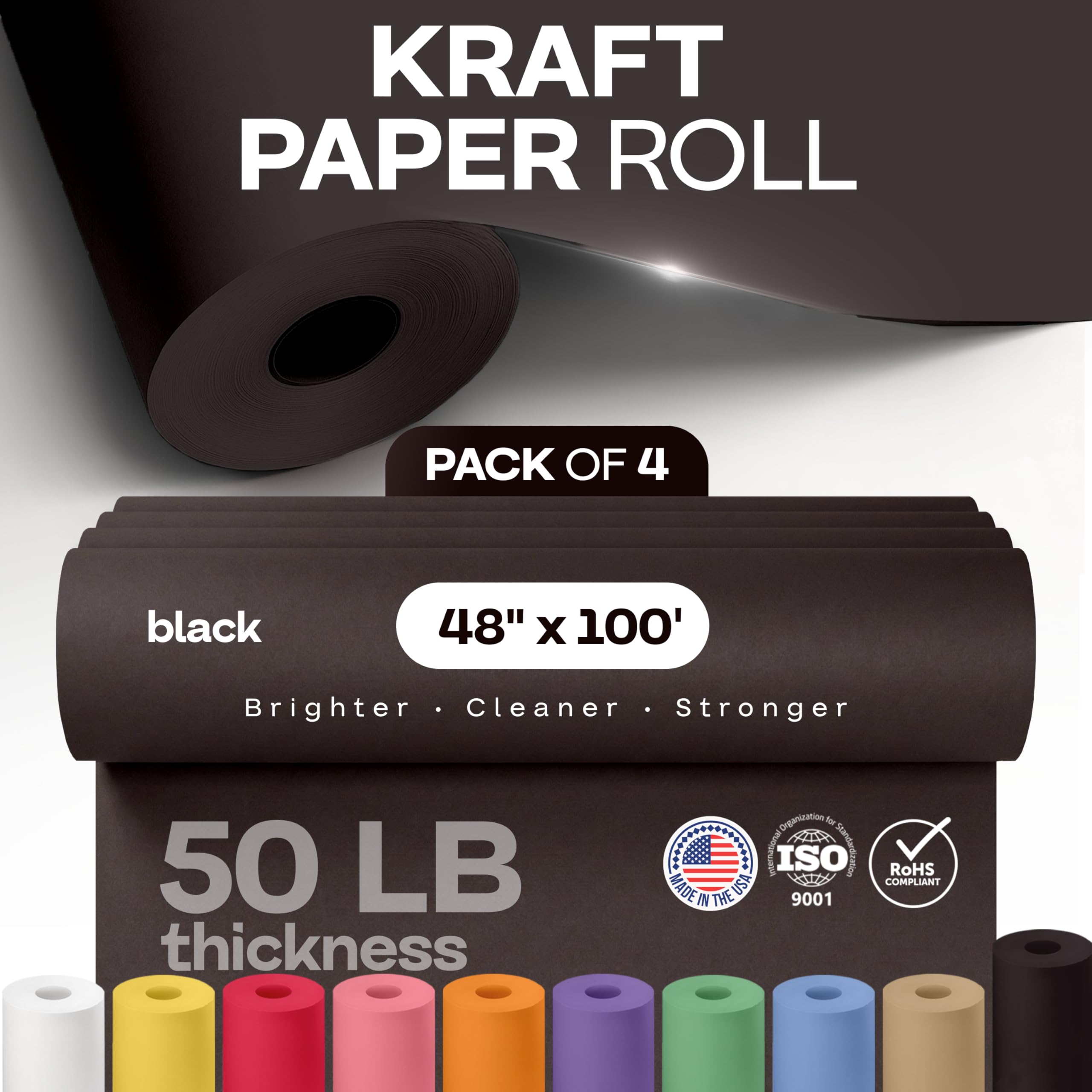 Lot de 4 rouleaux de papier kraft noir de 121,9 cm x 3048 cm (30,5 m) – Fabriqué aux États-Unis – 22,7 kg d'épaisseur pour emballage, expédition, travaux manuels et arts – 100 % recyclable IDL